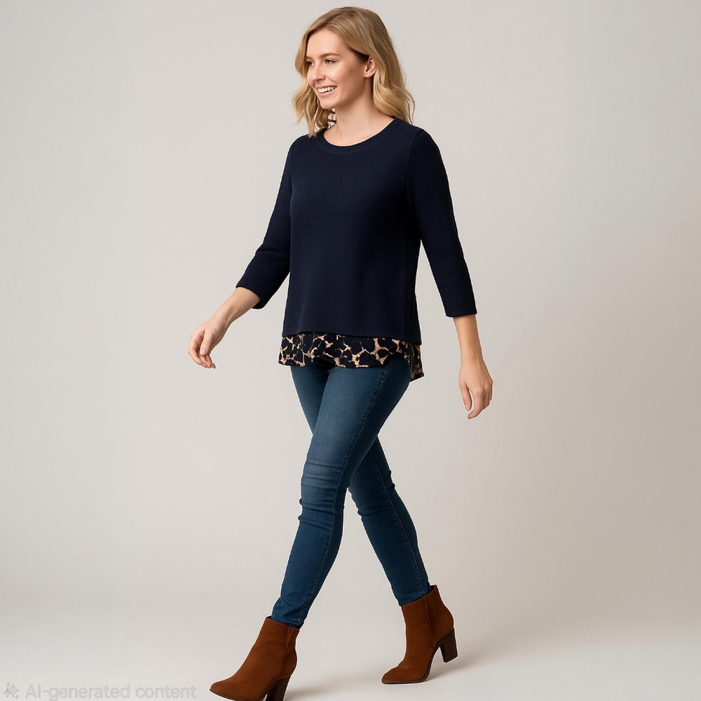 THE LIMITED Layered Look Split Back 3/4 Sleeve Pullover Sweater